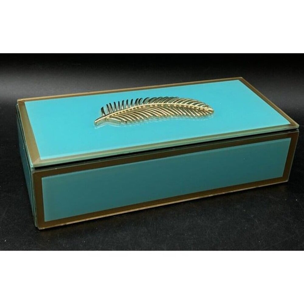 Jewelry Case Teal With Gold Feather Storage Box Black Velvet Lined Box - Picture 2 of 9